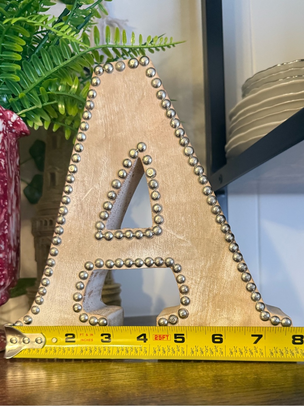 Wooden Letter A with Silver-Style Studs - Beige - Picture 4 of 4